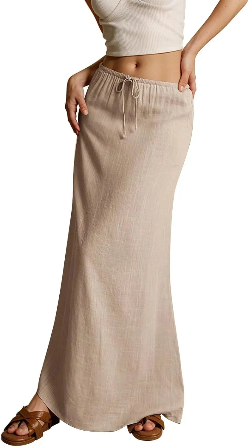 Linen Dresses for Women Cotton Linen Long Summer Casual Drawstring Low Waist Skirt Flowy Beach Vacation Boho