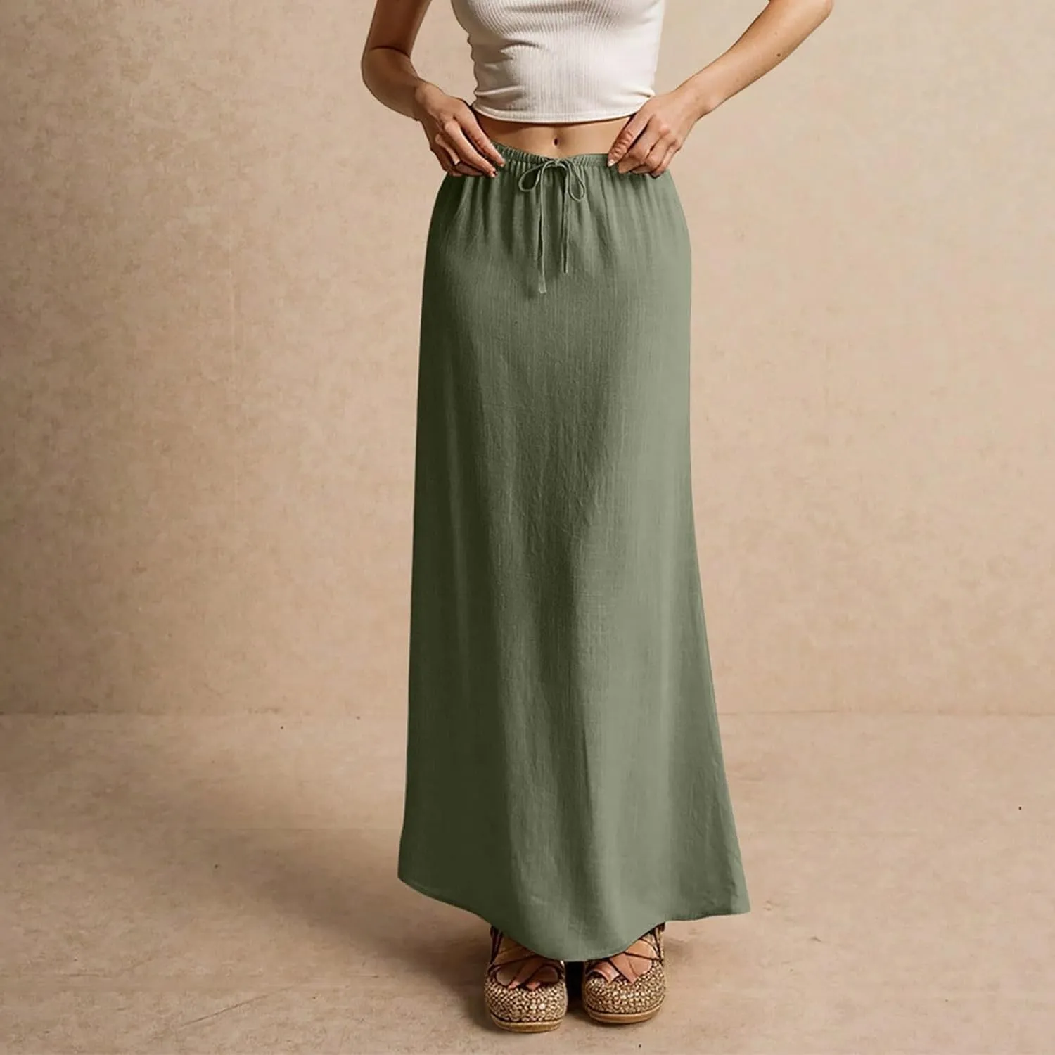 Linen Dresses for Women Cotton Linen Long Summer Casual Drawstring Low Waist Skirt Flowy Beach Vacation Boho