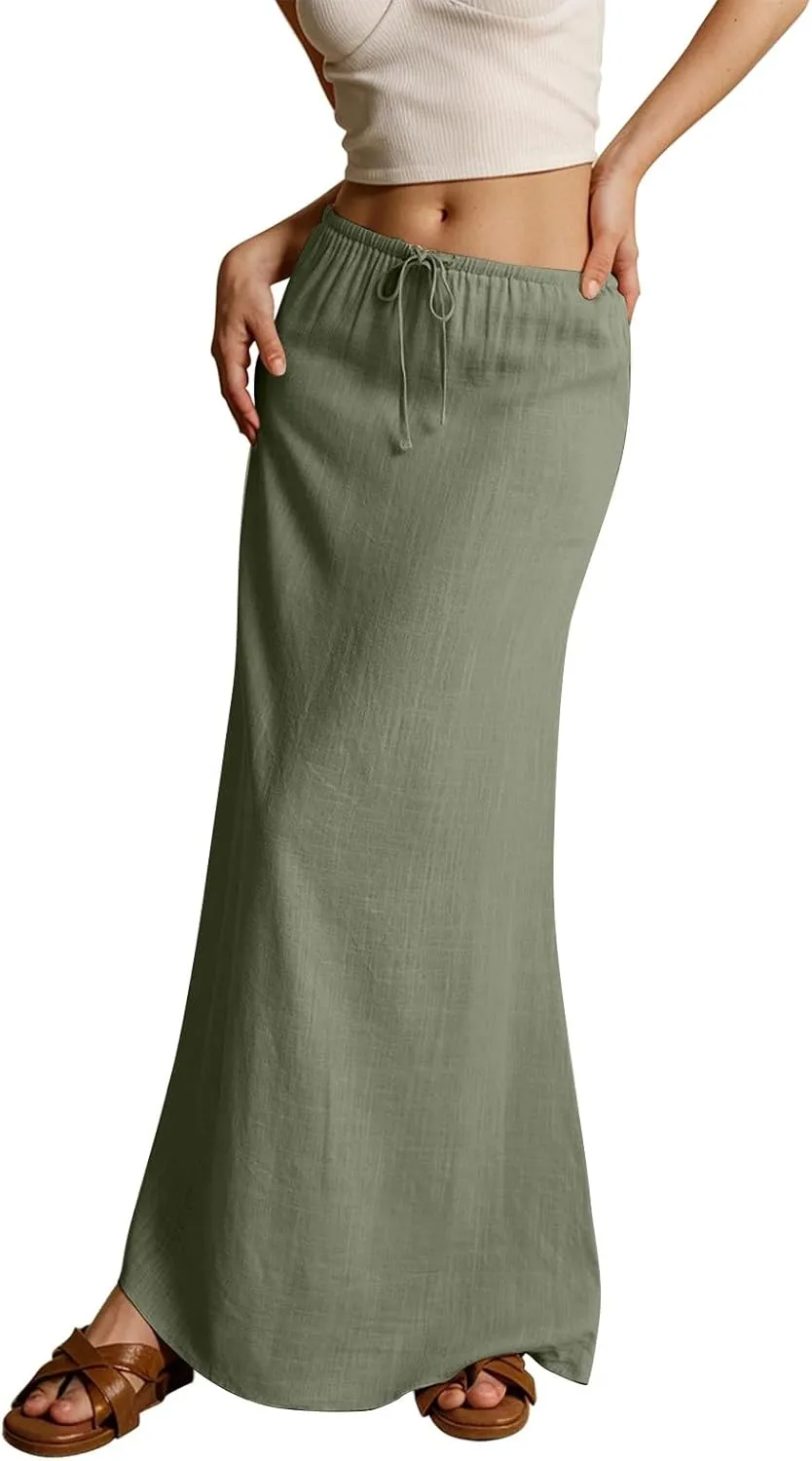Linen Dresses for Women Cotton Linen Long Summer Casual Drawstring Low Waist Skirt Flowy Beach Vacation Boho