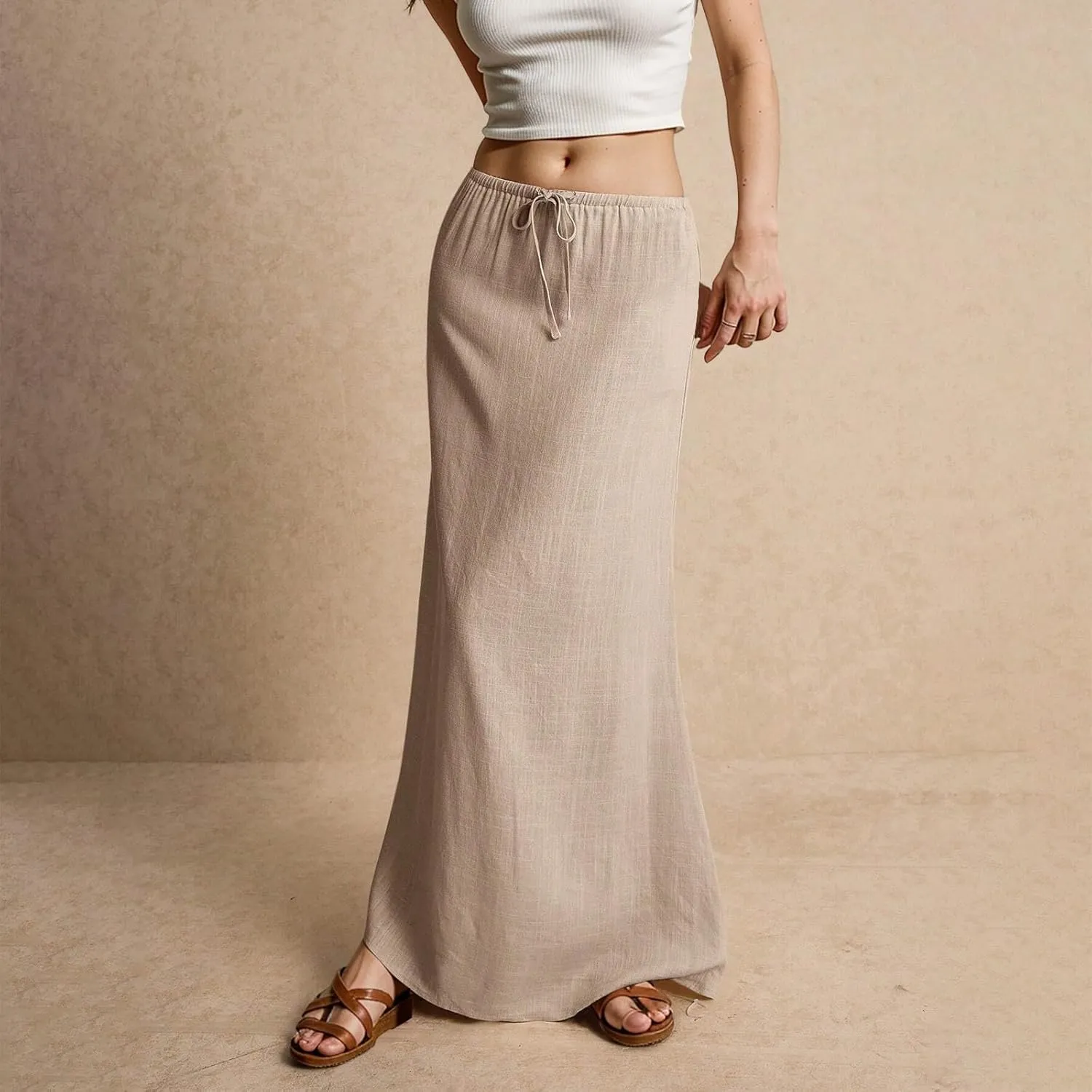 Linen Dresses for Women Cotton Linen Long Summer Casual Drawstring Low Waist Skirt Flowy Beach Vacation Boho