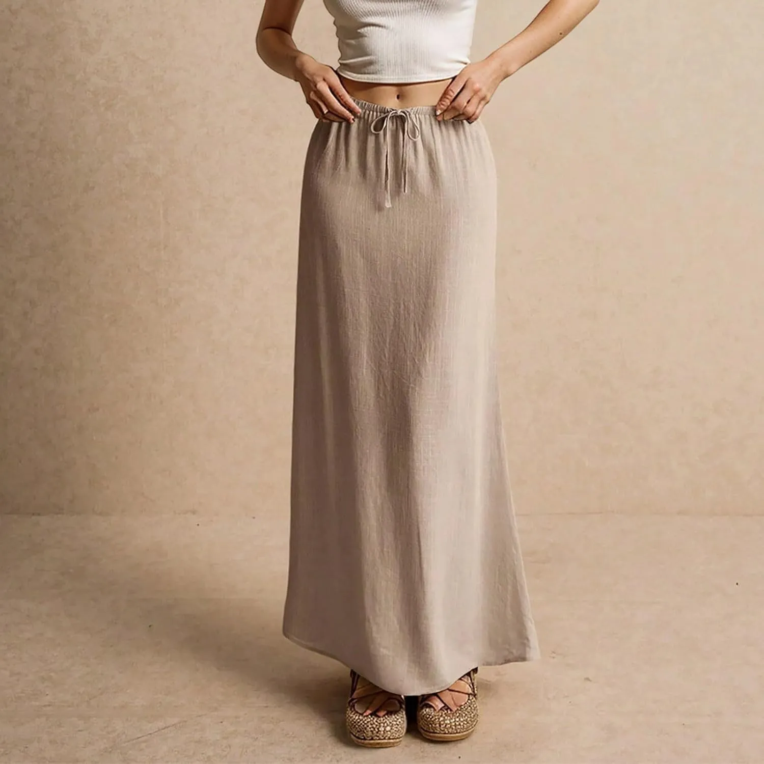 Linen Dresses for Women Cotton Linen Long Summer Casual Drawstring Low Waist Skirt Flowy Beach Vacation Boho