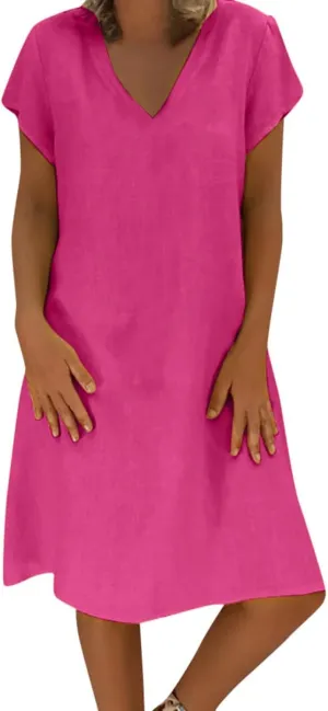 Linen Dresses for Women Summer Casual V Neck Short Sleeve Midi Dress Loose Fit Solid Tshirt Dresses Beach Tunic Sundresses