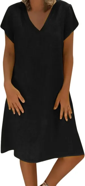 Linen Dresses for Women Summer Casual V Neck Short Sleeve Midi Dress Loose Fit Solid Tshirt Dresses Beach Tunic Sundresses
