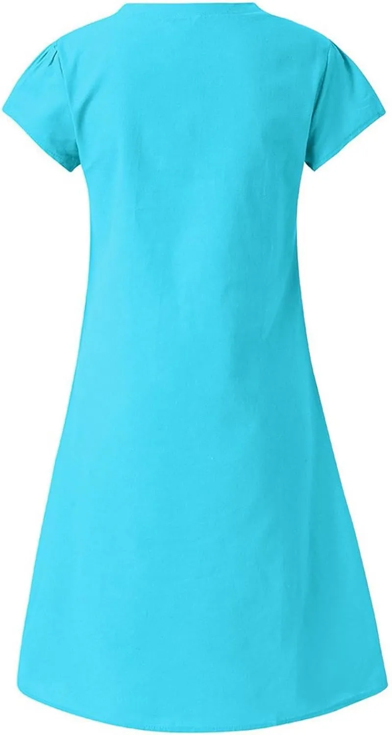 Linen Dresses for Women Summer Casual V Neck Short Sleeve Midi Dress Loose Fit Solid Tshirt Dresses Beach Tunic Sundresses