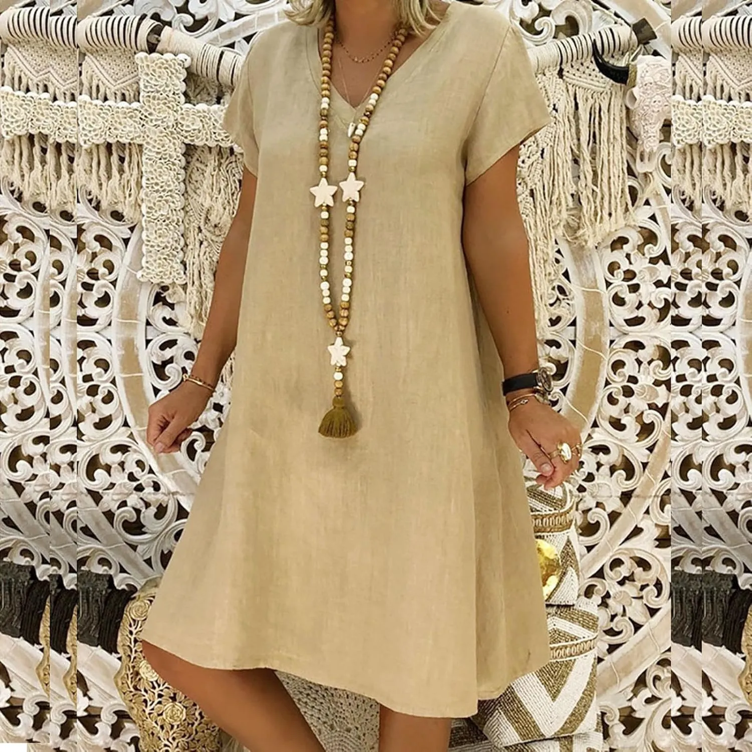 Linen Dresses for Women Summer Casual V Neck Short Sleeve Midi Dress Loose Fit Solid Tshirt Dresses Beach Tunic Sundresses