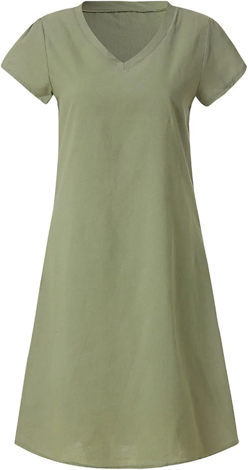 Linen Dresses for Women Summer Casual V Neck Short Sleeve Midi Dress Loose Fit Solid Tshirt Dresses Beach Tunic Sundresses