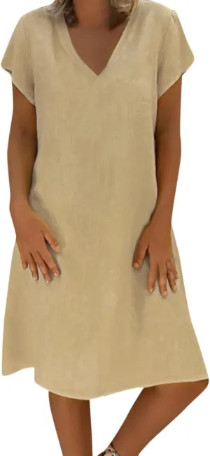 Linen Dresses for Women Summer Casual V Neck Short Sleeve Midi Dress Loose Fit Solid Tshirt Dresses Beach Tunic Sundresses