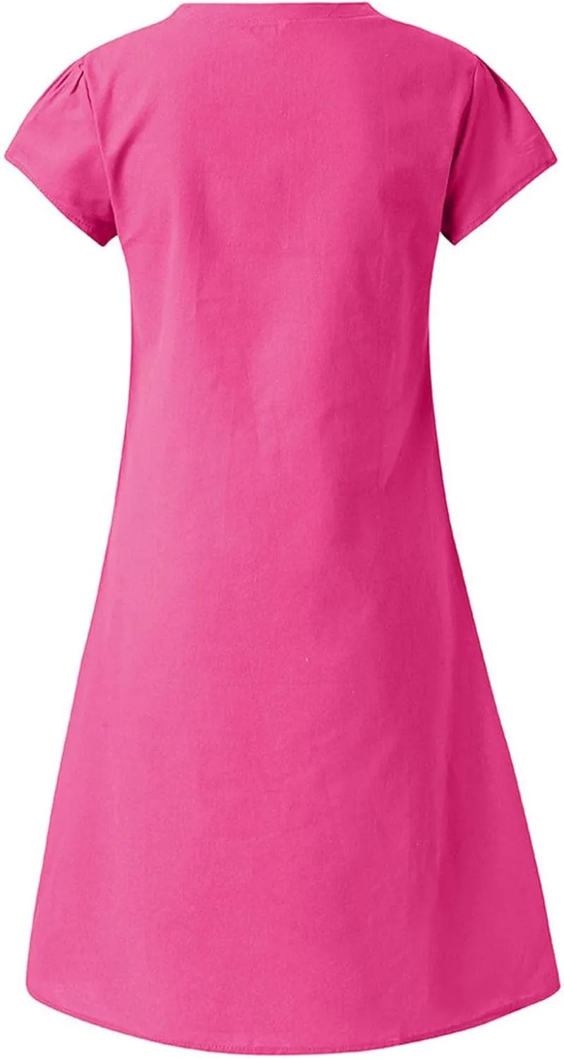 Linen Dresses for Women Summer Casual V Neck Short Sleeve Midi Dress Loose Fit Solid Tshirt Dresses Beach Tunic Sundresses