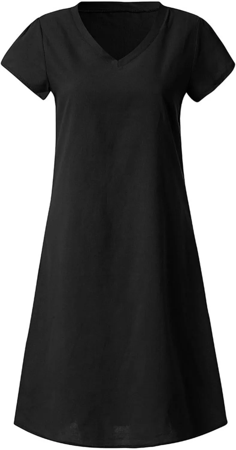 Linen Dresses for Women Summer Casual V Neck Short Sleeve Midi Dress Loose Fit Solid Tshirt Dresses Beach Tunic Sundresses