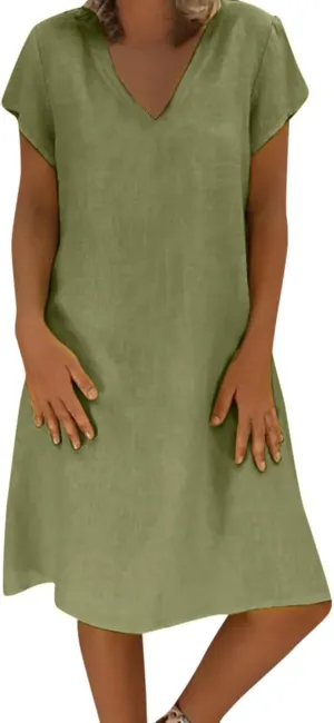 Linen Dresses for Women Summer Casual V Neck Short Sleeve Midi Dress Loose Fit Solid Tshirt Dresses Beach Tunic Sundresses