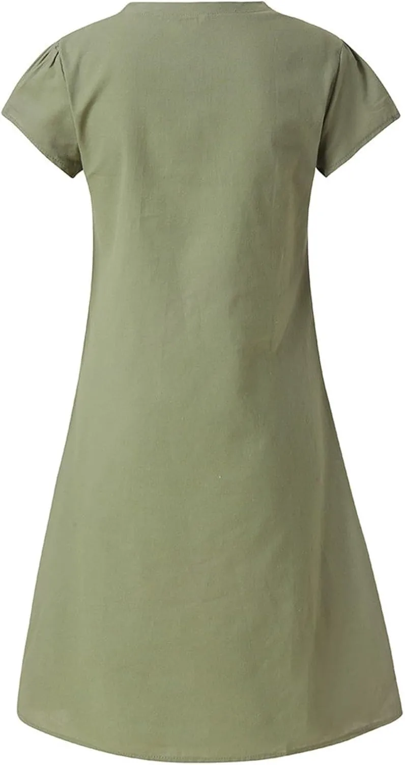 Linen Dresses for Women Summer Casual V Neck Short Sleeve Midi Dress Loose Fit Solid Tshirt Dresses Beach Tunic Sundresses
