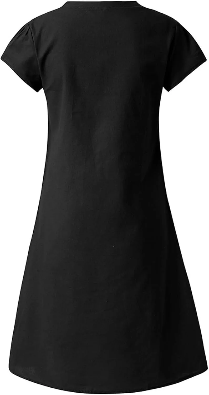 Linen Dresses for Women Summer Casual V Neck Short Sleeve Midi Dress Loose Fit Solid Tshirt Dresses Beach Tunic Sundresses