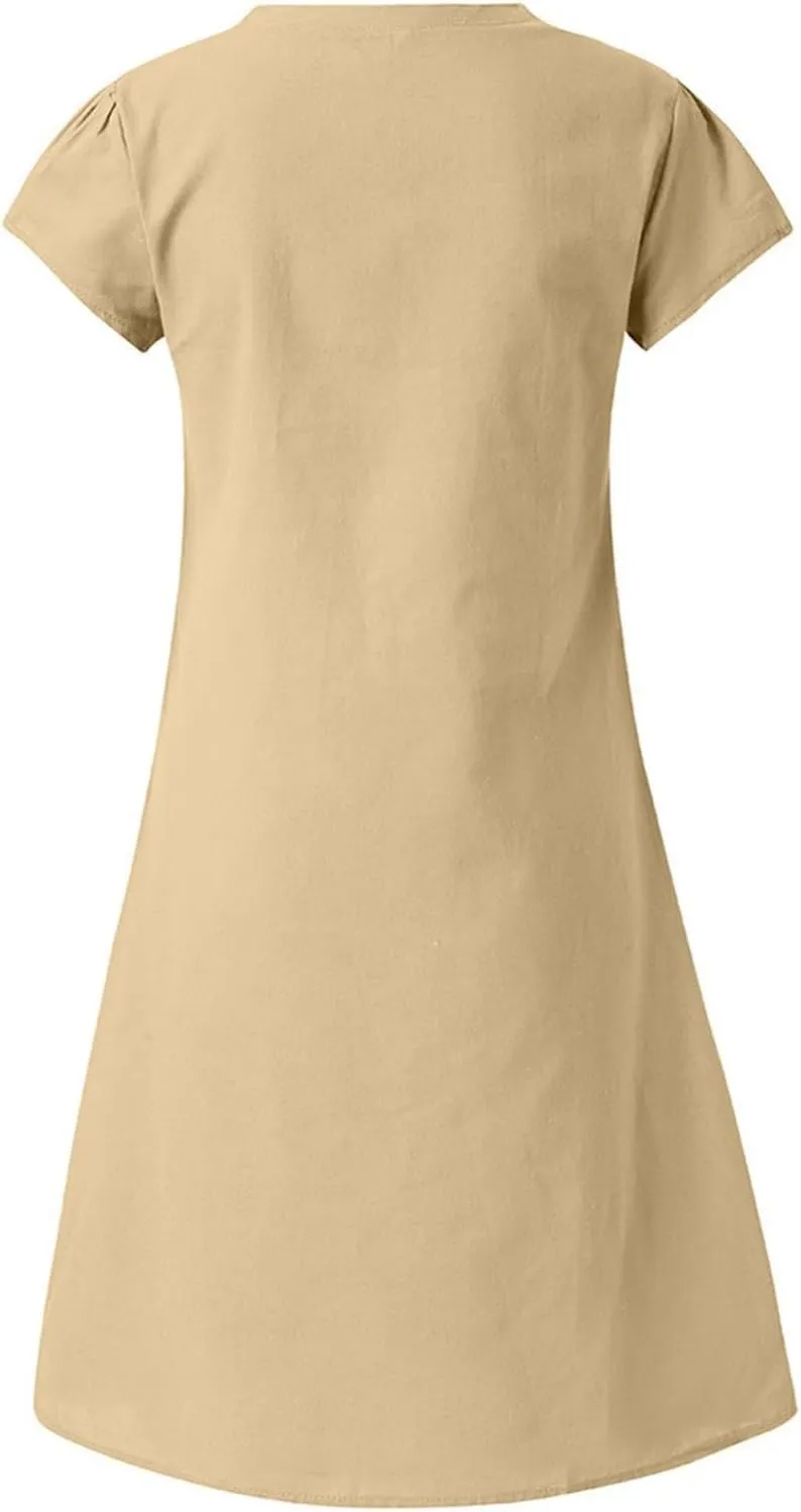 Linen Dresses for Women Summer Casual V Neck Short Sleeve Midi Dress Loose Fit Solid Tshirt Dresses Beach Tunic Sundresses