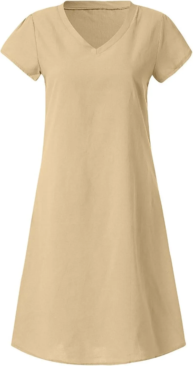 Linen Dresses for Women Summer Casual V Neck Short Sleeve Midi Dress Loose Fit Solid Tshirt Dresses Beach Tunic Sundresses