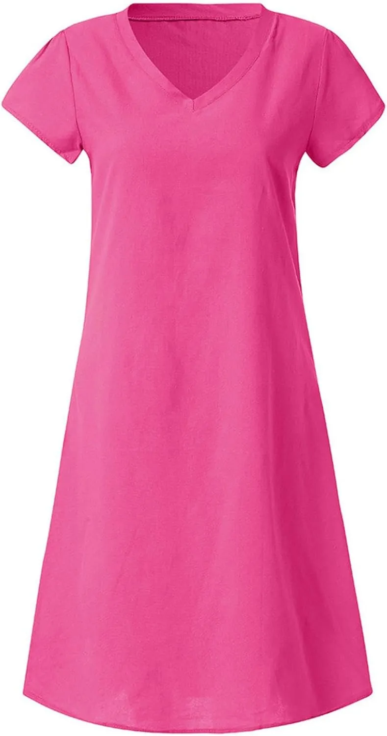 Linen Dresses for Women Summer Casual V Neck Short Sleeve Midi Dress Loose Fit Solid Tshirt Dresses Beach Tunic Sundresses