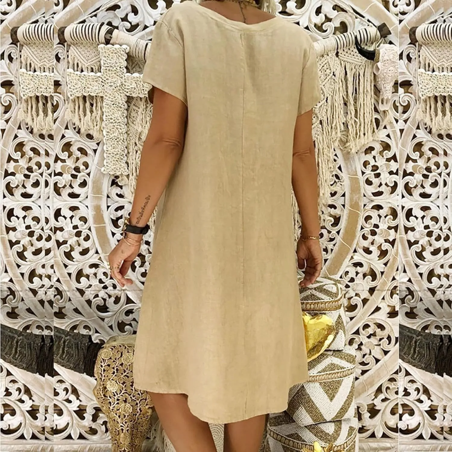 Linen Dresses for Women Summer Casual V Neck Short Sleeve Midi Dress Loose Fit Solid Tshirt Dresses Beach Tunic Sundresses