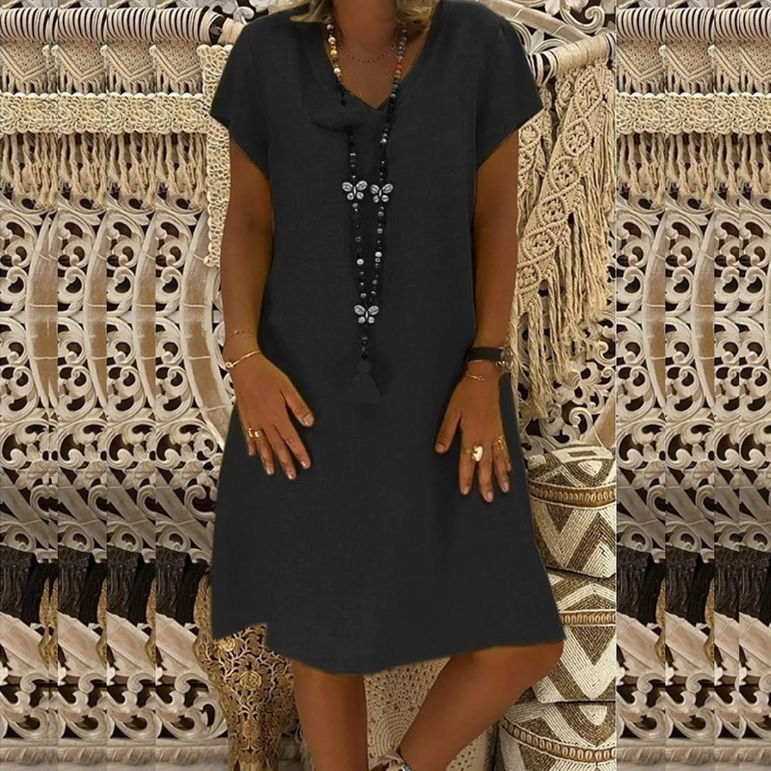 Linen Dresses for Women Summer Casual V Neck Short Sleeve Midi Dress Loose Fit Solid Tshirt Dresses Beach Tunic Sundresses