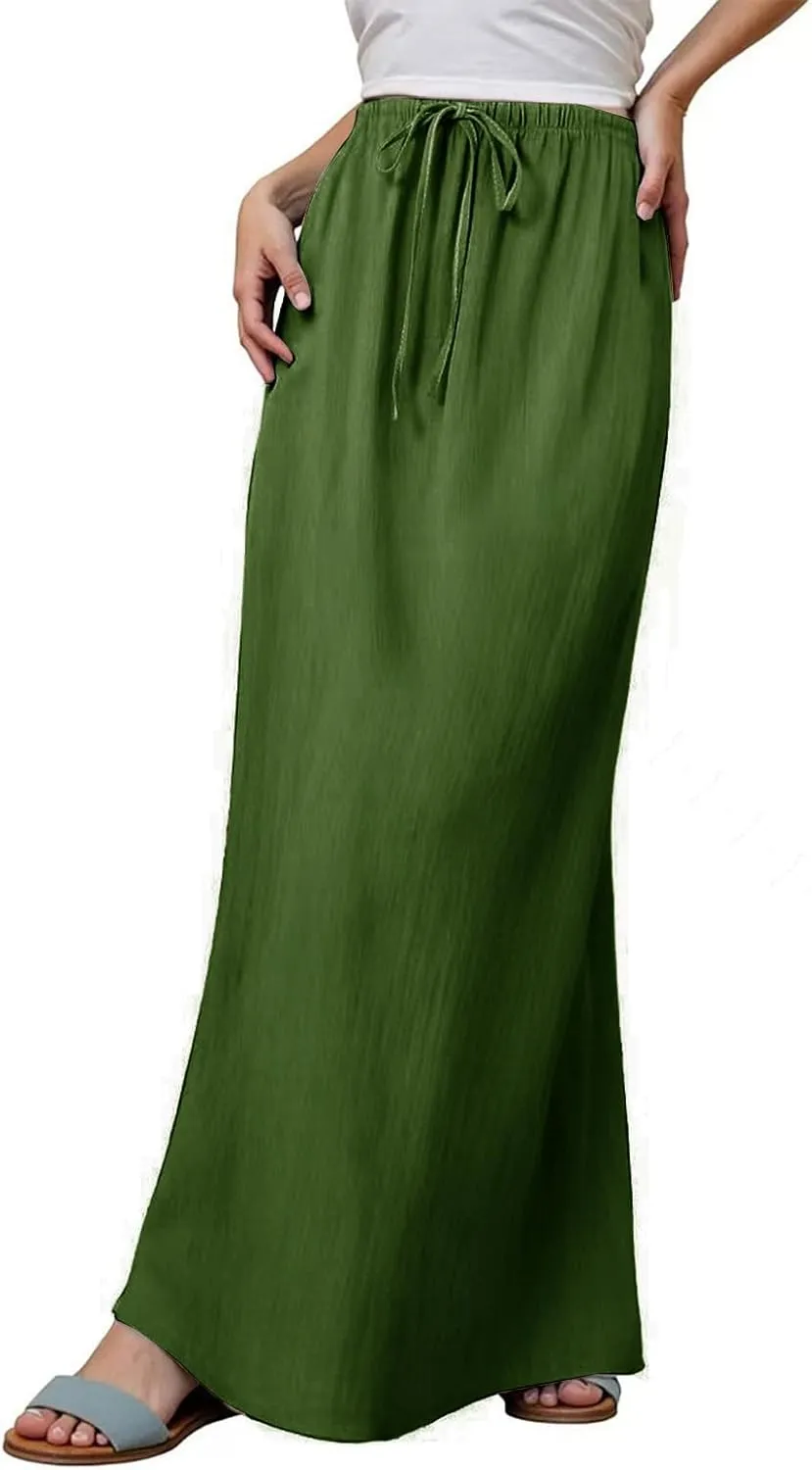 Linen Long Skirts for Women Summer Casual Flowy Skirts A Line Drawstring Waist Maxi Skirt Beach Vacation Skirt
