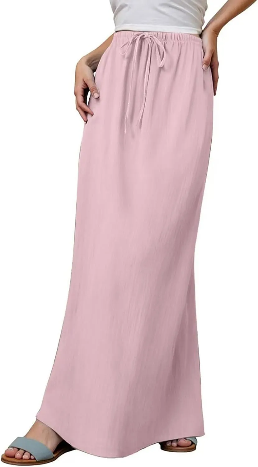 Linen Long Skirts for Women Summer Casual Flowy Skirts A Line Drawstring Waist Maxi Skirt Beach Vacation Skirt