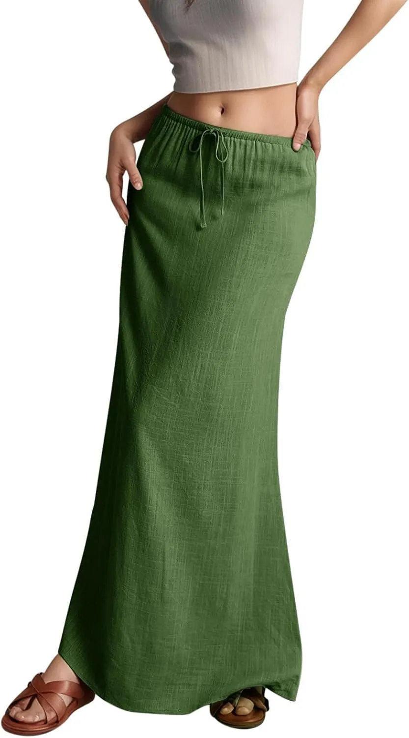 Linen Long Skirts for Women Summer Casual Flowy Skirts A Line Drawstring Waist Maxi Skirt Beach Vacation Skirt