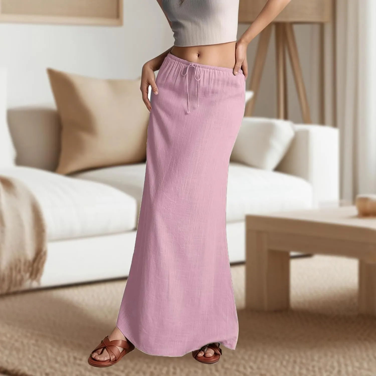Linen Long Skirts for Women Summer Casual Flowy Skirts A Line Drawstring Waist Maxi Skirt Beach Vacation Skirt
