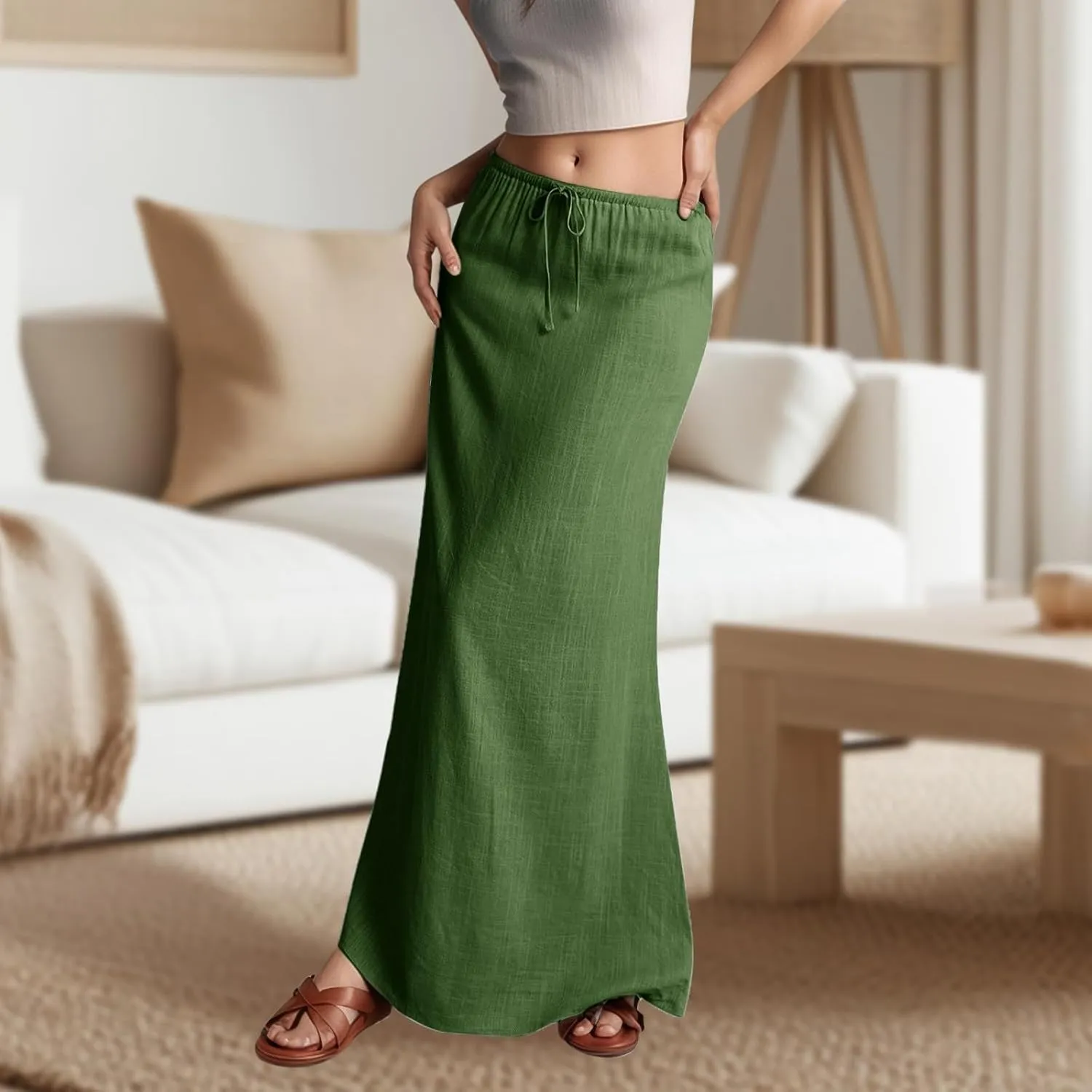 Linen Long Skirts for Women Summer Casual Flowy Skirts A Line Drawstring Waist Maxi Skirt Beach Vacation Skirt