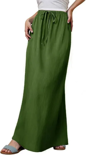 Linen Long Skirts for Women Summer Casual Flowy Skirts A Line Drawstring Waist Maxi Skirt Beach Vacation Skirt