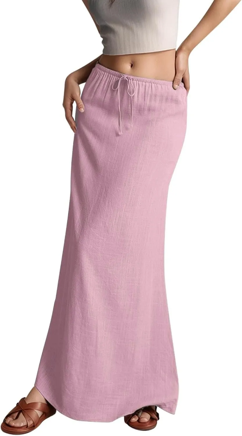 Linen Long Skirts for Women Summer Casual Flowy Skirts A Line Drawstring Waist Maxi Skirt Beach Vacation Skirt
