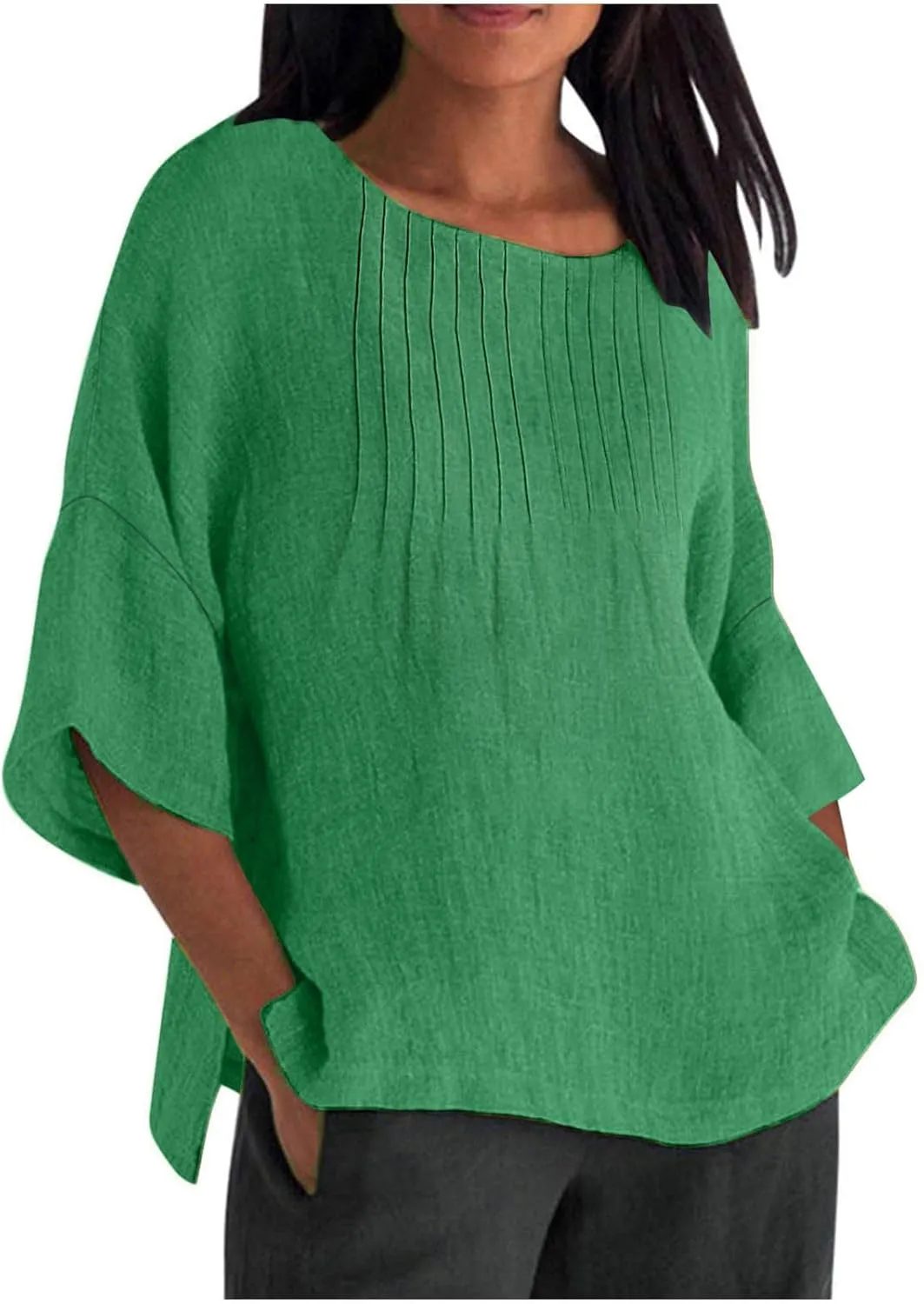 Linen Shirts for Women 3/4 Length Sleeve Summer Loose Fit Tunic Tops 2025 Side Split Dressy Tees Solid Color Blouse