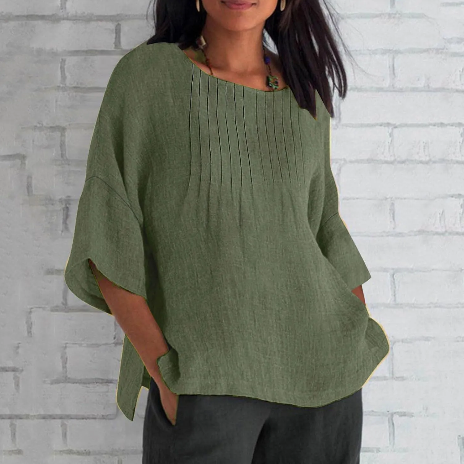Linen Shirts for Women 3/4 Length Sleeve Summer Loose Fit Tunic Tops 2025 Side Split Dressy Tees Solid Color Blouse