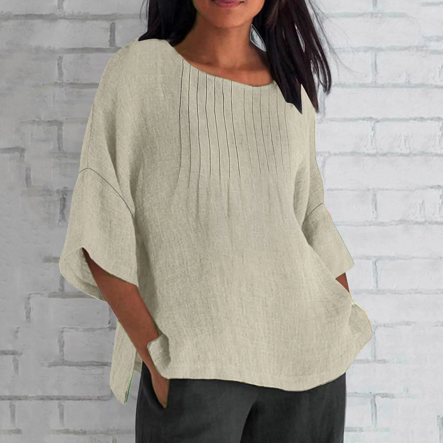 Linen Shirts for Women 3/4 Length Sleeve Summer Loose Fit Tunic Tops 2025 Side Split Dressy Tees Solid Color Blouse