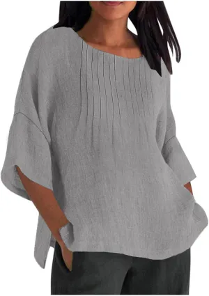 Linen Shirts for Women 3/4 Length Sleeve Summer Loose Fit Tunic Tops 2025 Side Split Dressy Tees Solid Color Blouse