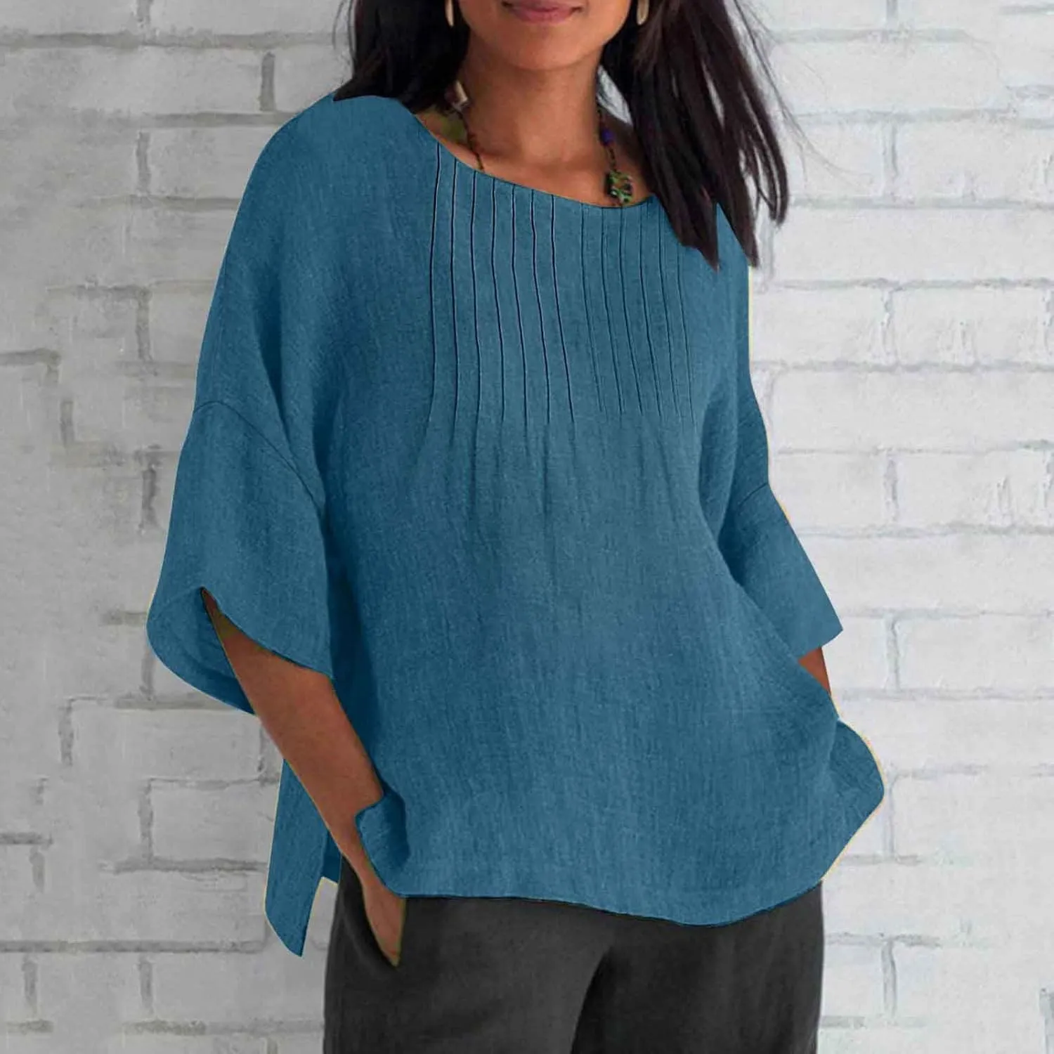 Linen Shirts for Women 3/4 Length Sleeve Summer Loose Fit Tunic Tops 2025 Side Split Dressy Tees Solid Color Blouse