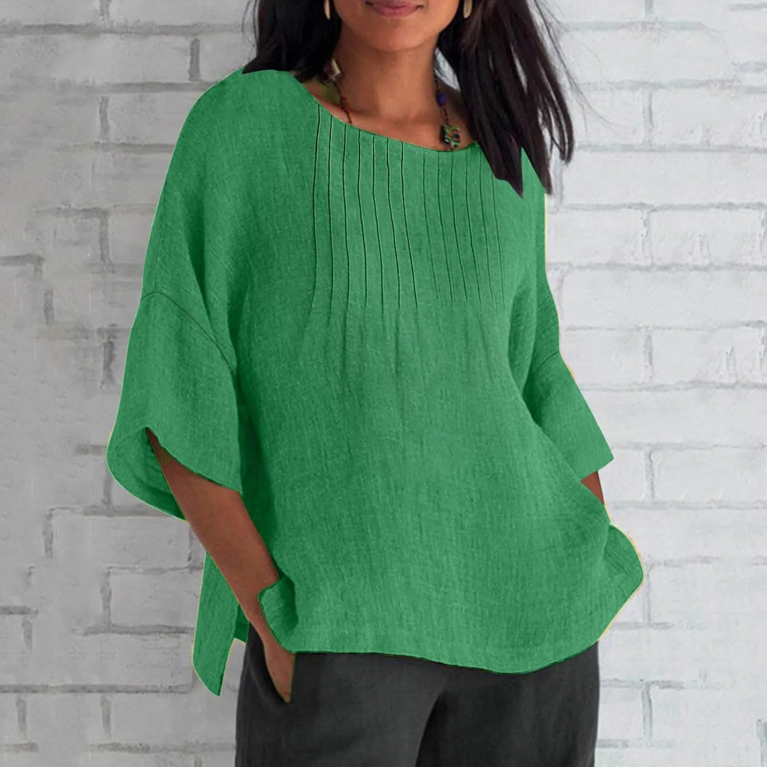 Linen Shirts for Women 3/4 Length Sleeve Summer Loose Fit Tunic Tops 2025 Side Split Dressy Tees Solid Color Blouse