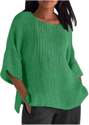 Linen Shirts for Women 3/4 Length Sleeve Summer Loose Fit Tunic Tops 2025 Side Split Dressy Tees Solid Color Blouse