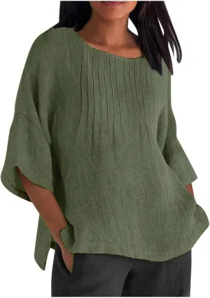 Linen Shirts for Women 3/4 Length Sleeve Summer Loose Fit Tunic Tops 2025 Side Split Dressy Tees Solid Color Blouse