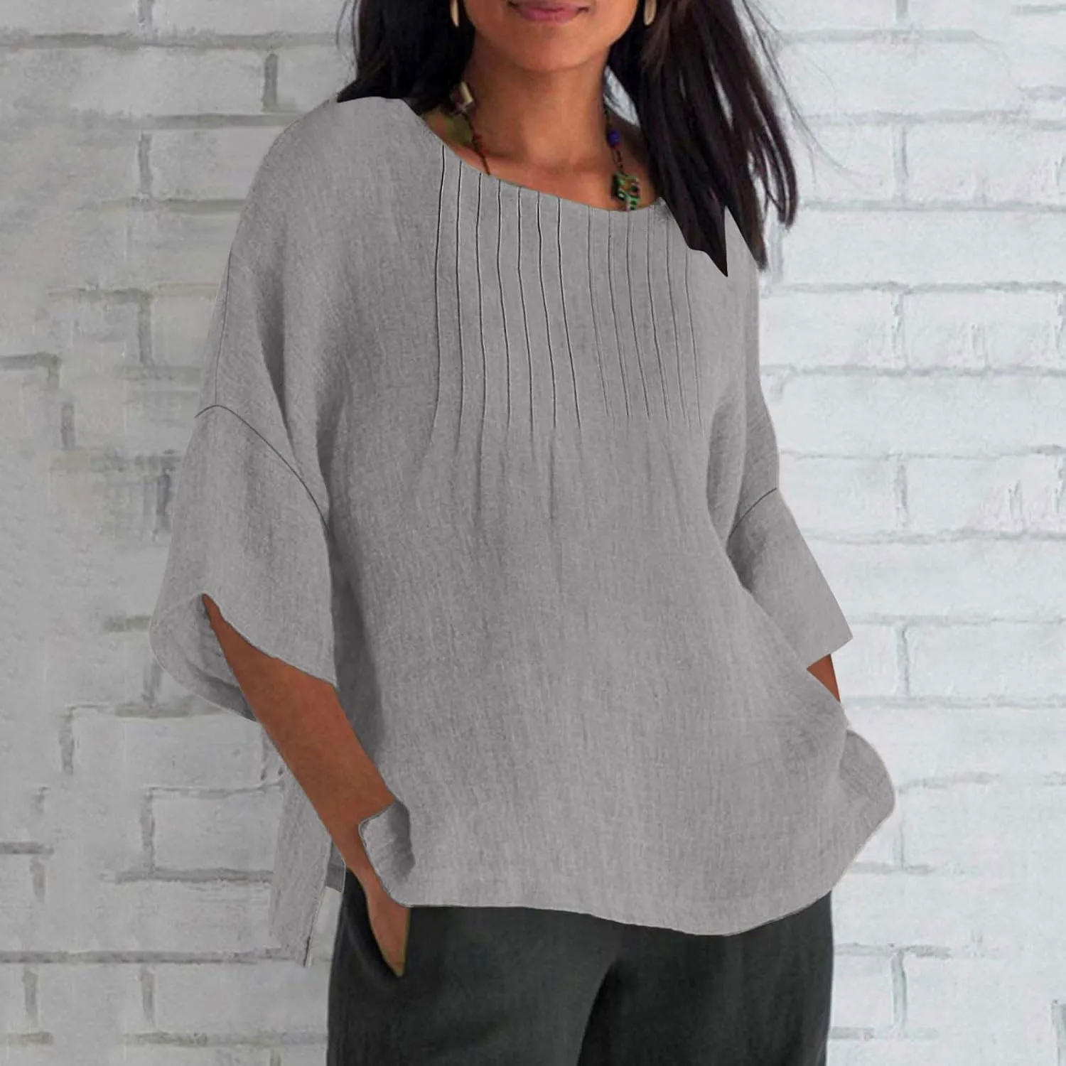 Linen Shirts for Women 3/4 Length Sleeve Summer Loose Fit Tunic Tops 2025 Side Split Dressy Tees Solid Color Blouse