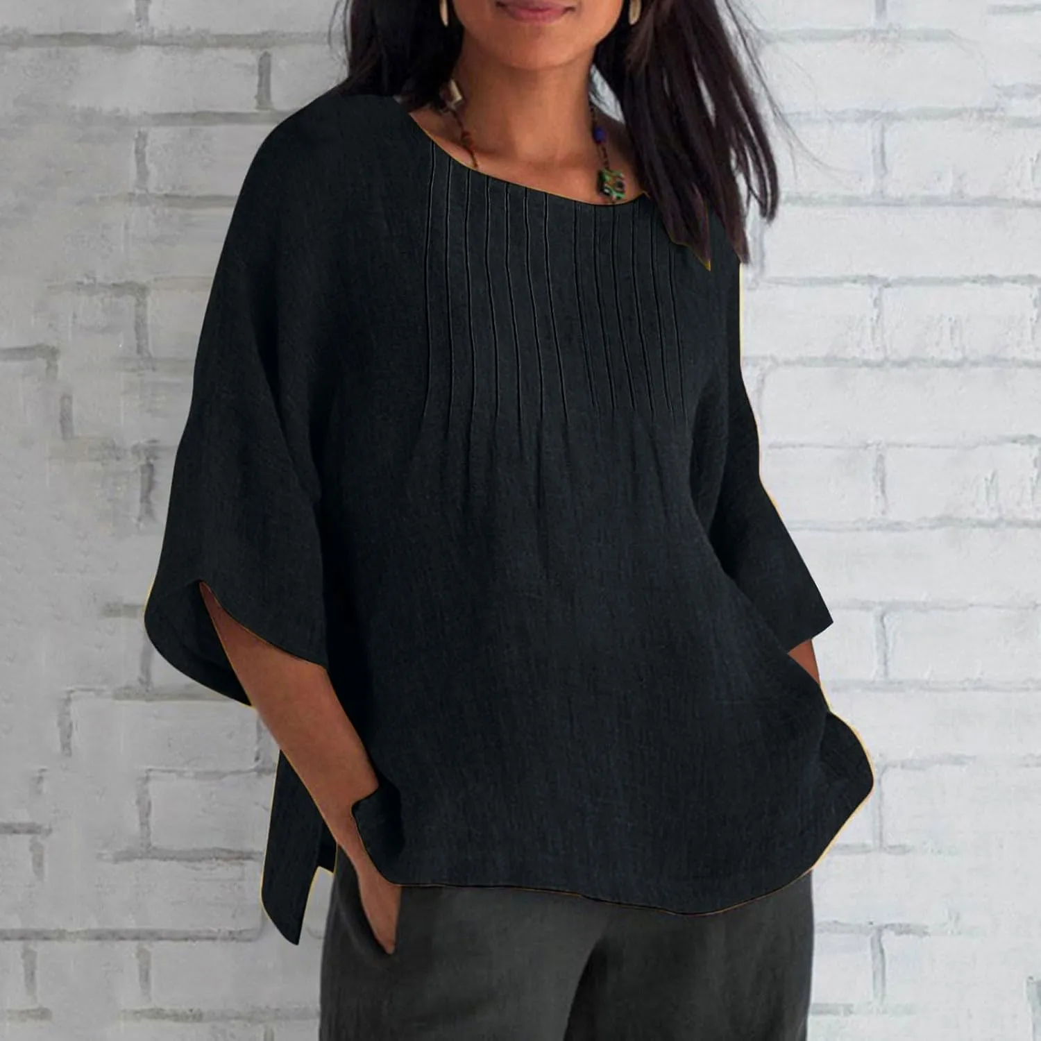 Linen Shirts for Women 3/4 Length Sleeve Summer Loose Fit Tunic Tops 2025 Side Split Dressy Tees Solid Color Blouse