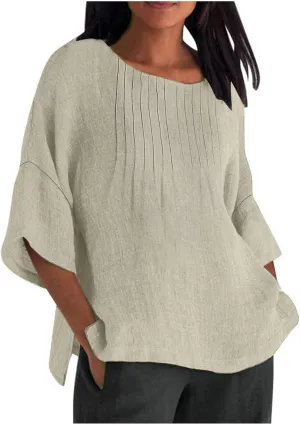 Linen Shirts for Women 3/4 Length Sleeve Summer Loose Fit Tunic Tops 2025 Side Split Dressy Tees Solid Color Blouse