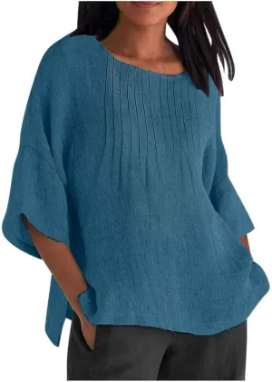 Linen Shirts for Women 3/4 Length Sleeve Summer Loose Fit Tunic Tops 2025 Side Split Dressy Tees Solid Color Blouse
