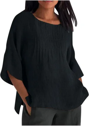 Linen Shirts for Women 3/4 Length Sleeve Summer Loose Fit Tunic Tops 2025 Side Split Dressy Tees Solid Color Blouse