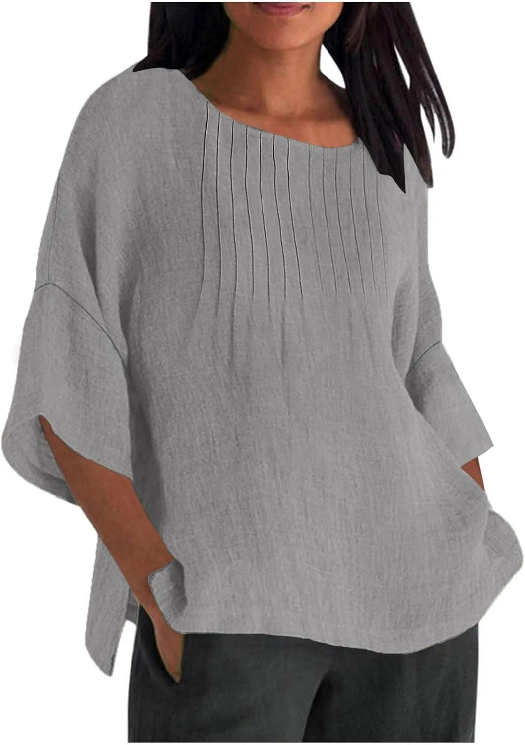 Linen Shirts for Women 3/4 Length Sleeve Summer Loose Fit Tunic Tops 2025 Side Split Dressy Tees Solid Color Blouse