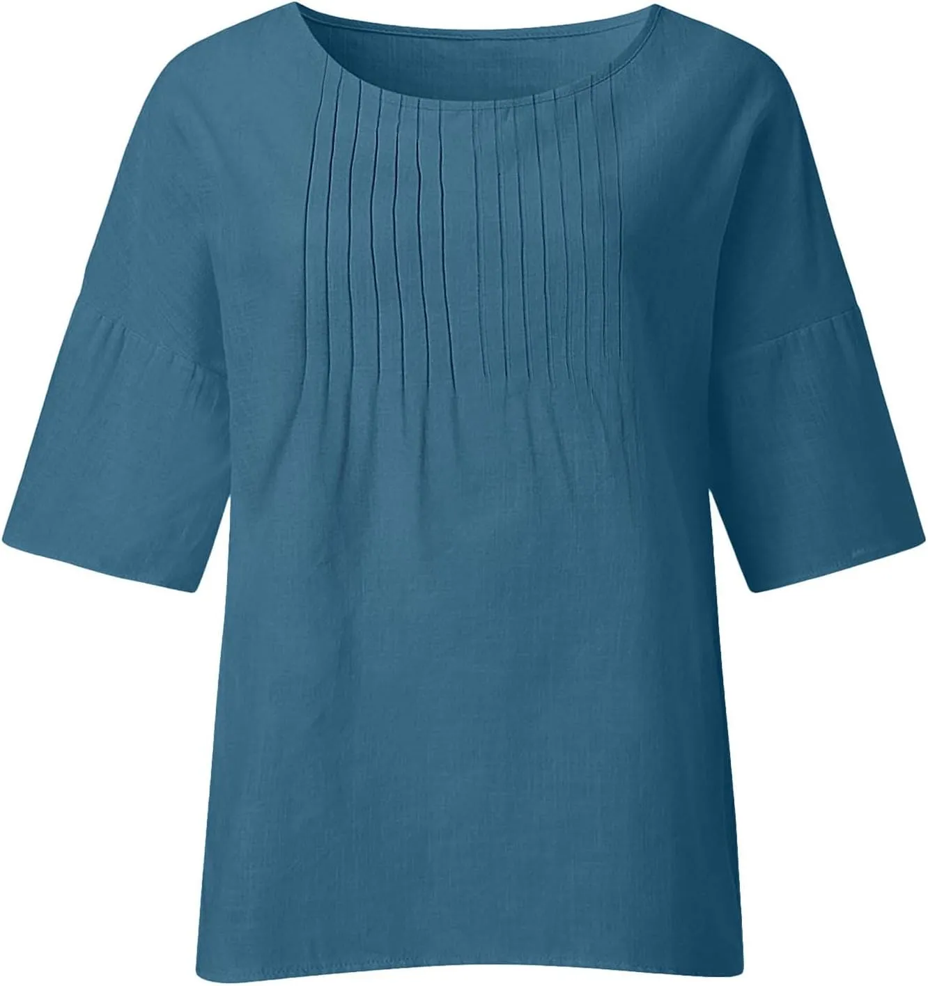 Linen Shirts for Women Plus Size 3/4 Length Sleeve Tops Casual Front Pleated Round Neck Tees 2025 Summer Blouse