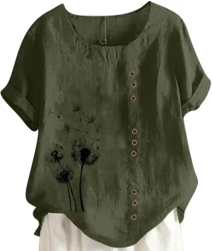 Linen Shirts for Women Plus Size Printed T Shirts Short Sleeve Button Down Blouse Summer Beach Vacation Tops 2025