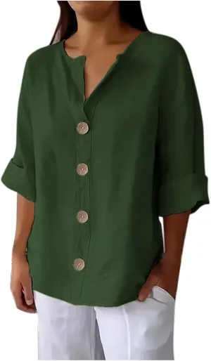 Linen Shirts for Women V Neck 3/4 Sleeve Tops Casual Shirts Basic Summer Tees Lightweight Loose Fit Button up Blouses