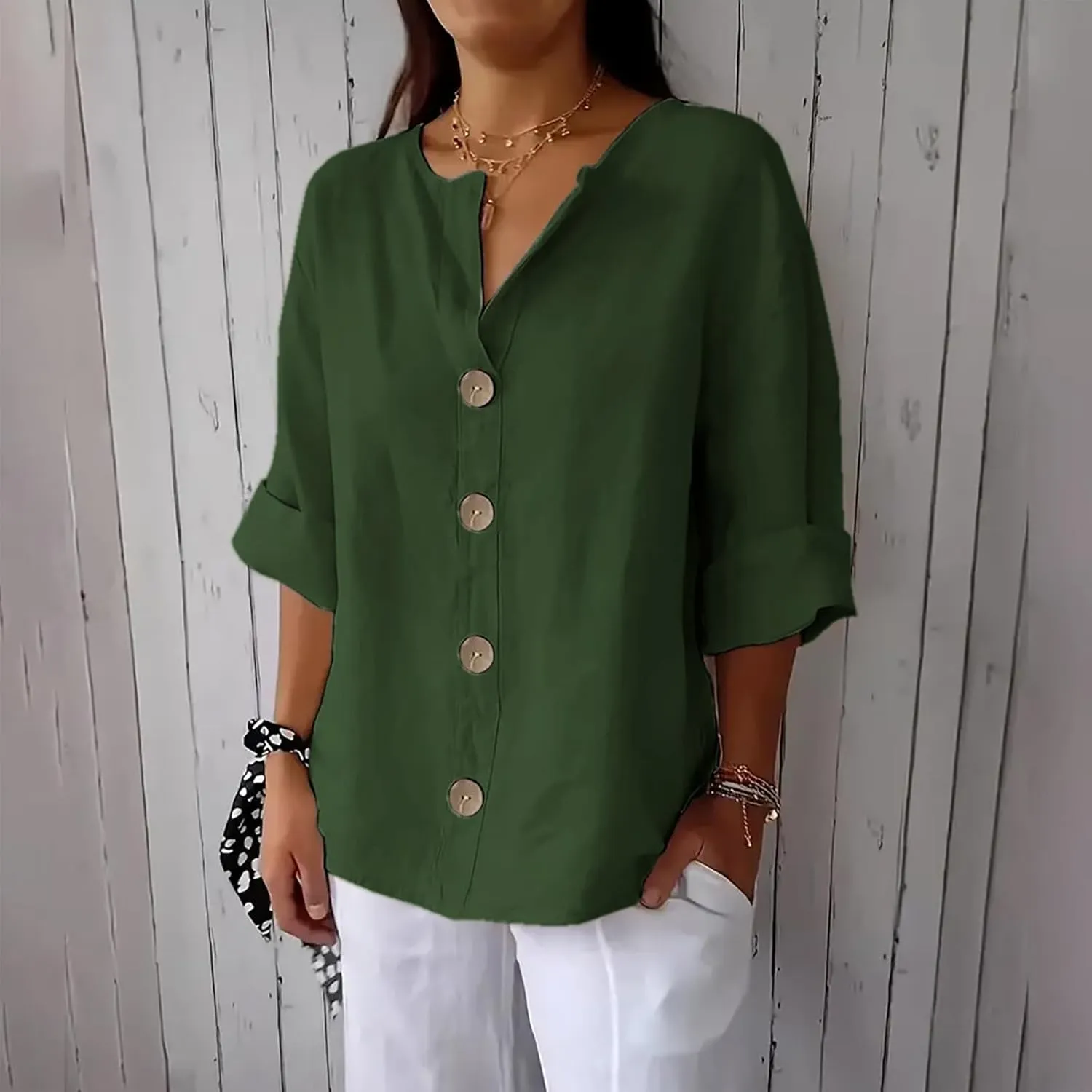 Linen Shirts for Women V Neck 3/4 Sleeve Tops Casual Shirts Basic Summer Tees Lightweight Loose Fit Button up Blouses