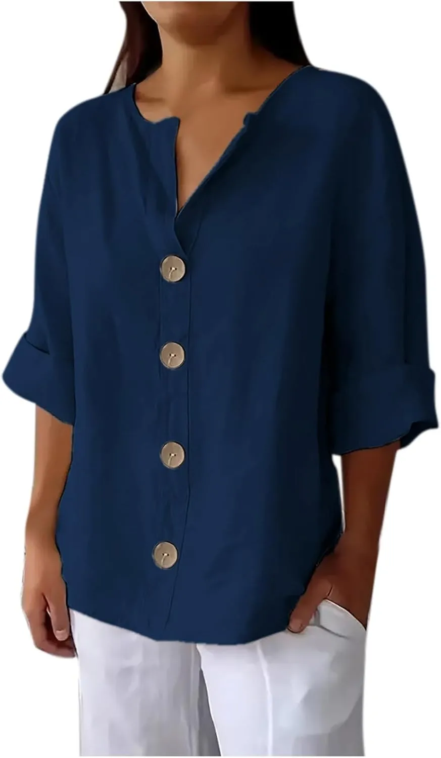 Linen Shirts for Women V Neck 3/4 Sleeve Tops Casual Shirts Basic Summer Tees Lightweight Loose Fit Button up Blouses