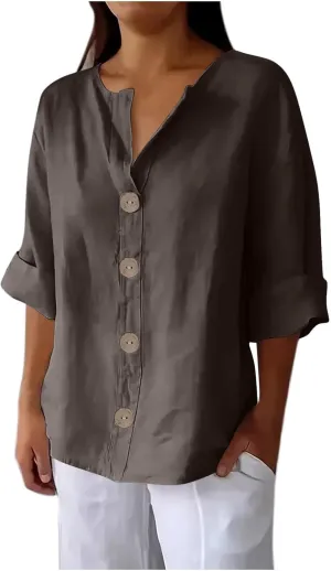 Linen Shirts for Women V Neck 3/4 Sleeve Tops Casual Shirts Basic Summer Tees Lightweight Loose Fit Button up Blouses