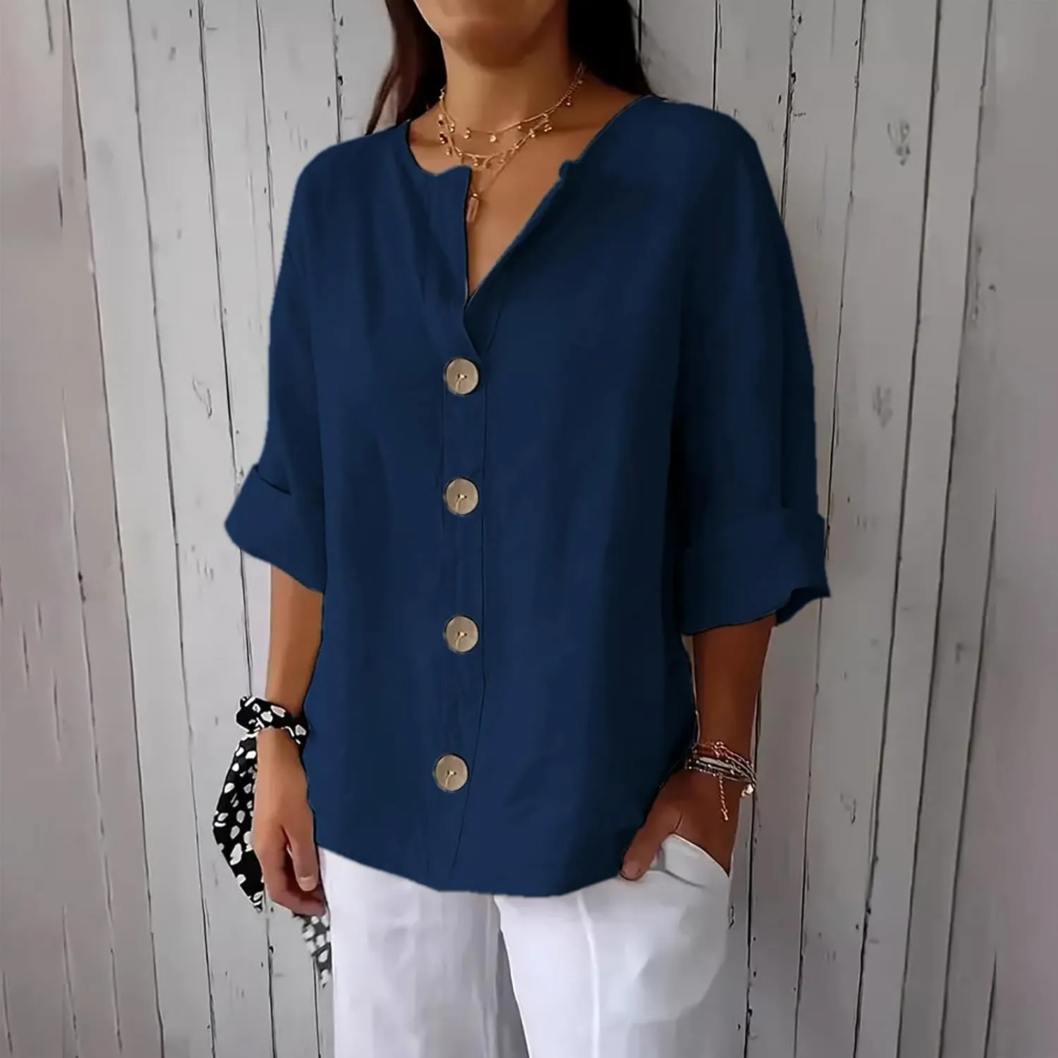 Linen Shirts for Women V Neck 3/4 Sleeve Tops Casual Shirts Basic Summer Tees Lightweight Loose Fit Button up Blouses