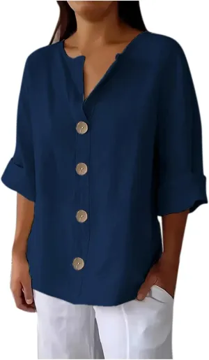 Linen Shirts for Women V Neck 3/4 Sleeve Tops Casual Shirts Basic Summer Tees Lightweight Loose Fit Button up Blouses